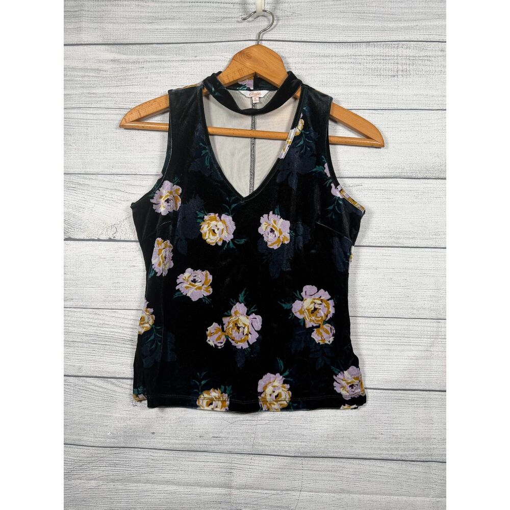 Candie's Women's M Black Floral Velvet Choker V-Neck Sleeveless Top 1478